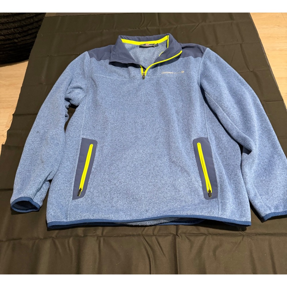 Vineyard Vines Mens Large Blue Heather 1/4 Zip Fleece Pullover Jacket Neon Trim